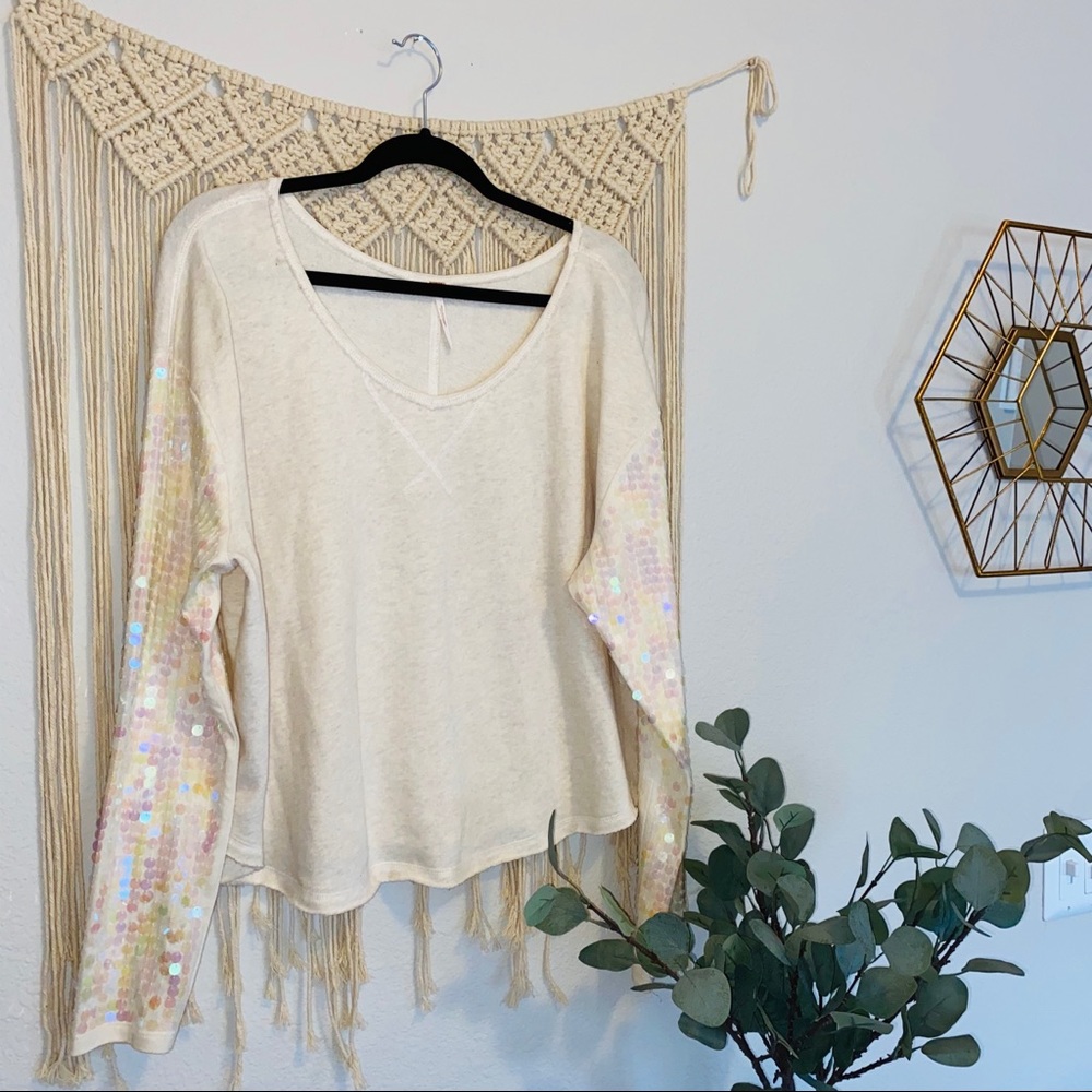 Free People Ivory Sequin Sleeve Slouchy Sweatshirt - Picture 4 of 11